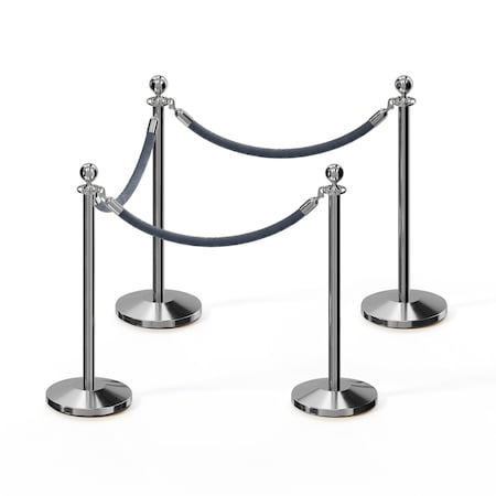 Stanchion Post And Rope Kit Pol.Steel, 4 Ball Top3 Gray Rope
